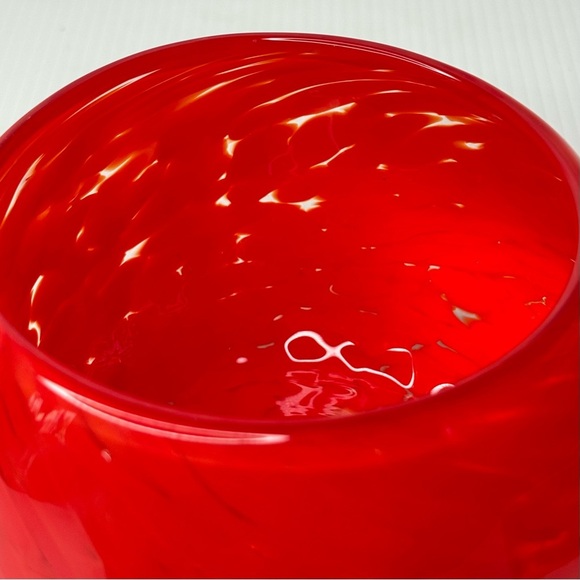 Decorative Hand Blown Studio Glass Art Bowl, Red Orange Swirl Etched Signature - Picture 4 of 11